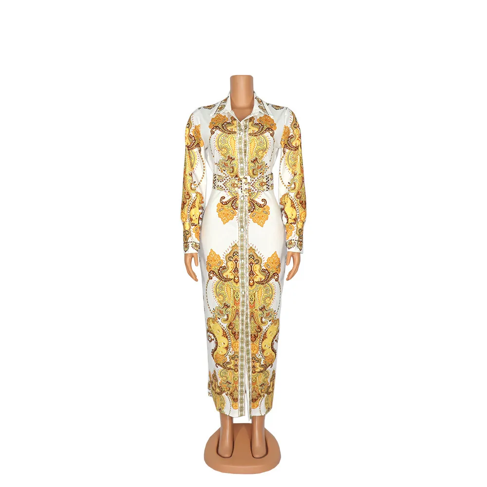 Women Printed Dress Long Sleeves Gold White Elegant Female Vestidos Robes Floral African Fashion Ladies Autumn Plus Size XXL XL 210416