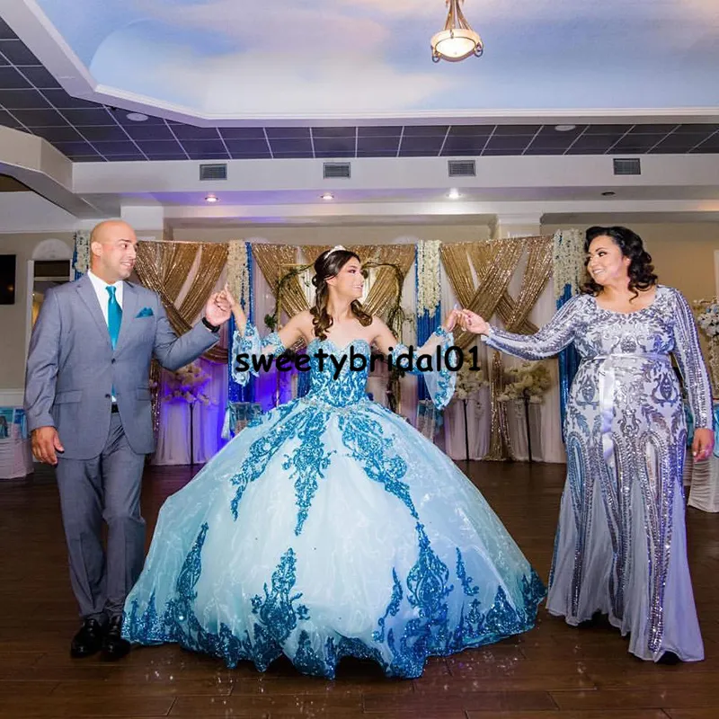 Abito da ballo scintillante con paillettes blu in stile Quinceanera con strascico staccabile 2022 Principessa Sweet 16 Prom Party Wear294d