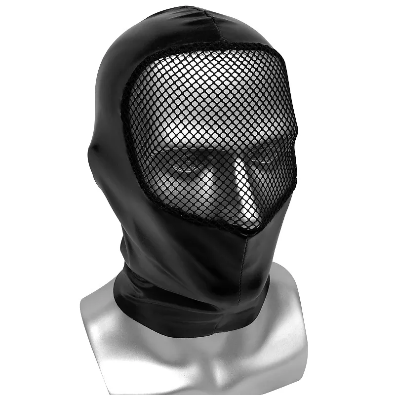 PU Leather Unisex Hood Masks with Face Mesh Patchwork Mens Headgear Roleplay Halloween Cosplay Costume Accessories Black