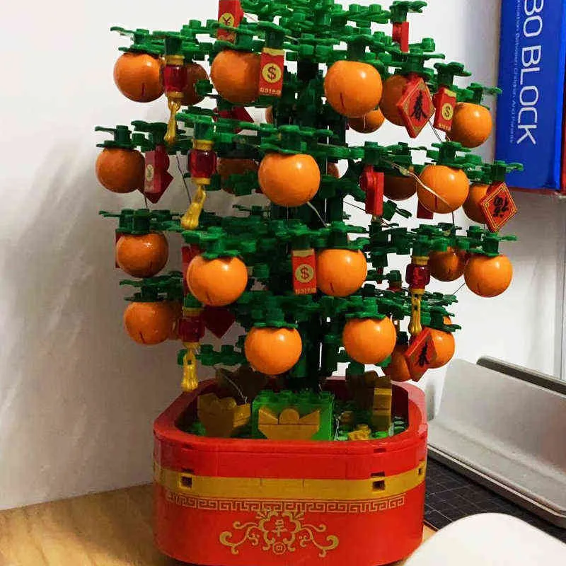 SEMBO Block Idee Chinesisches Neujahr Orangenbaum Bausteine Mit Licht Kreativer Weihnachtsbaum Modle Ziegel Spieluhr Spielzeug Y220214