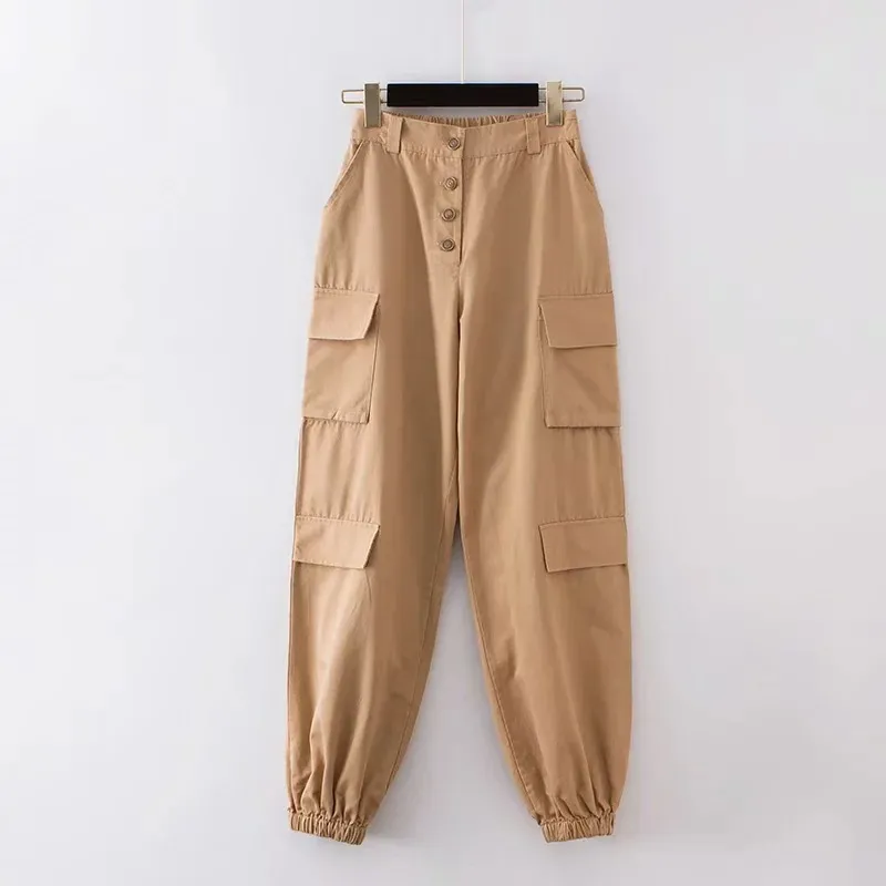 Nomikuma BF Style Women Cargo Pants Pantaloni Harem a vita alta monopetto Autunno Nuove tasche Pantaloni lunghi Femme 6C933 210427