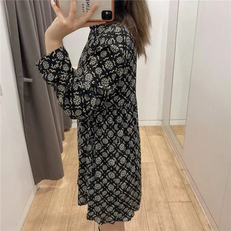 Vintage Printed Black Shirt Dress Women Collared Long Sleeve Mini Woman Fall Button Up Loose Casual es 210519