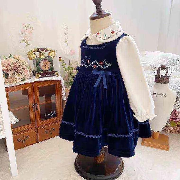 Bebé outono outono inverno marinho azul pequeno flor bordado princesa vestido para festa casual vintage inglaterra espanhol turco g1218