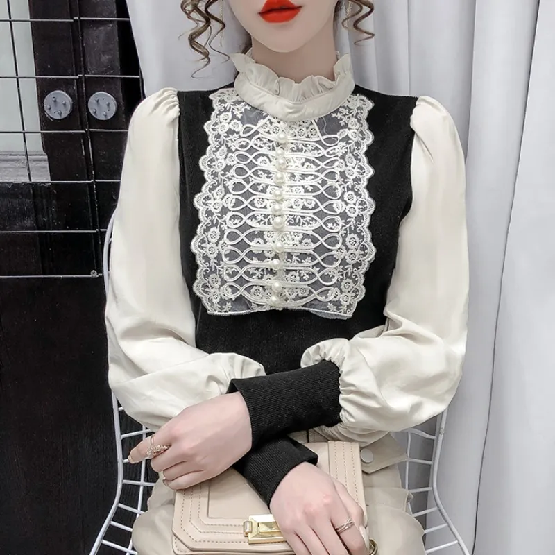 Kimutomo Vintage Patchwork Bluse Frauen Französisch Stil Kontrast Farbe Panelled Damen Pilz Stehkragen Laterne Ärmel Hemd 210521