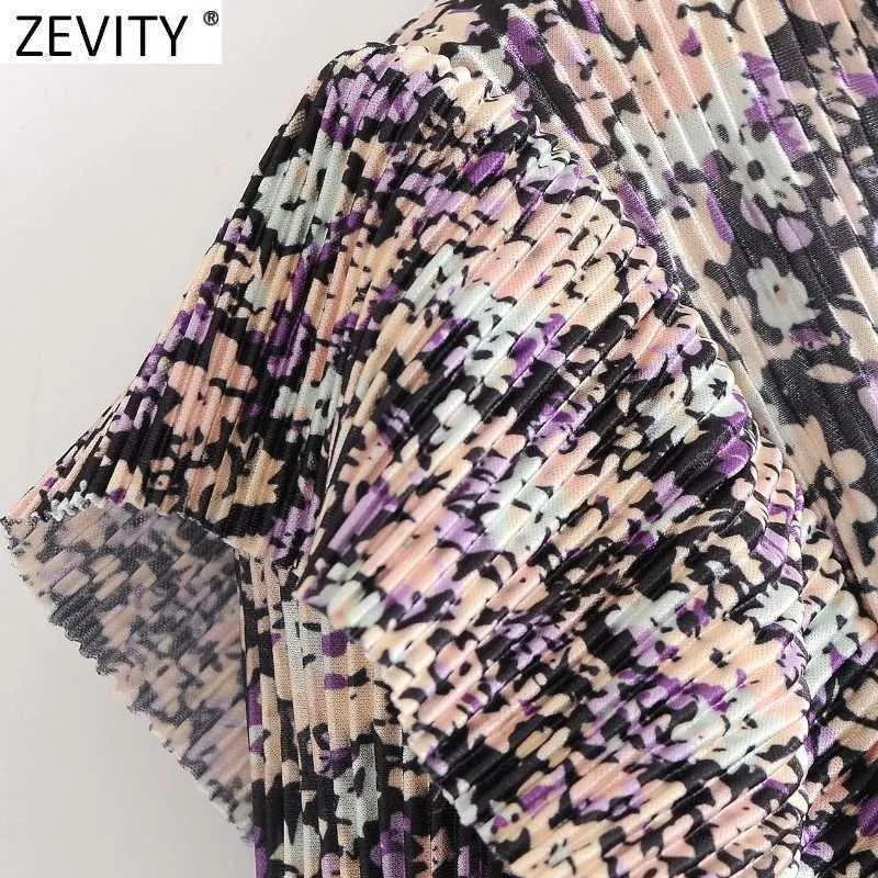 Zevity Frauen Vintage V-ausschnitt Blumendruck Presse Plissee Minikleid Weibliche Laterne Hülse Rüschen A-linie Vestidos Tuch DS4689 210603
