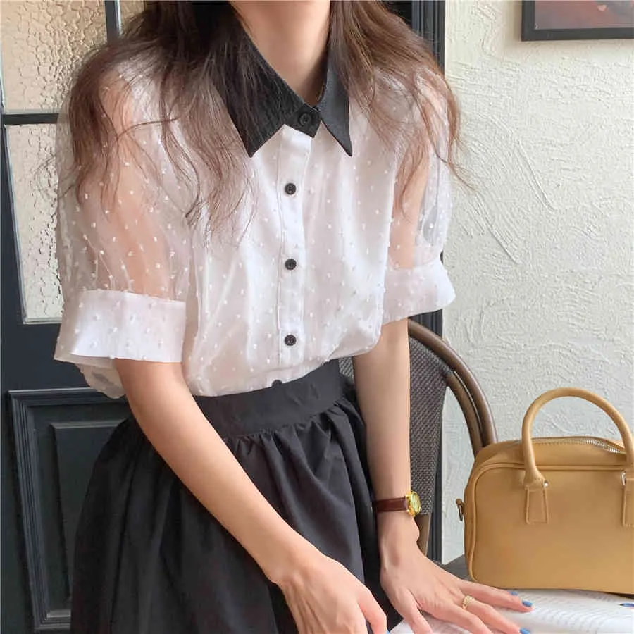 Color-Hit Polka Dots Chic Gentle Femme T Shirts Puff Sleeves Koreanska Sommar Toppar Alla Match Sweet Loose Blouses 210525