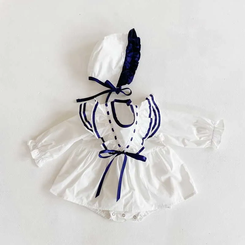 Lato Baby Girl Body Blue White Patchwork Długie Rękawy Kombinezon z czapką Urodzony Cute Style Kids Clothes E1067 210610