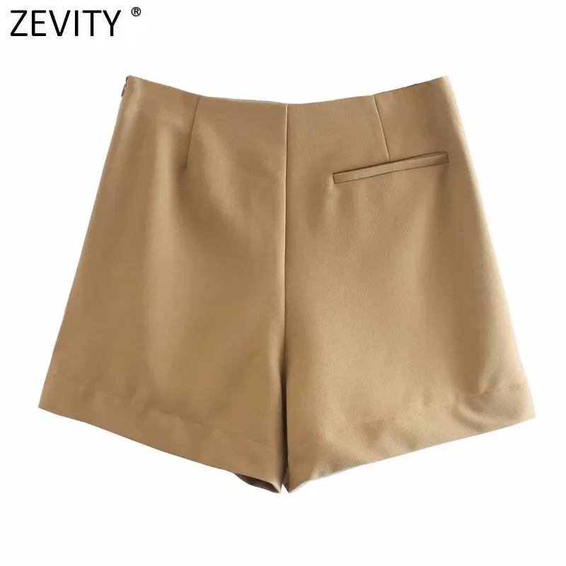 ZEVITY NIEUWE Women Vintage Double Breasted Solid Casual Slim Shorts Skirts Dames Side Zipper Chic Shorts Pantalone Cortos P960 210419