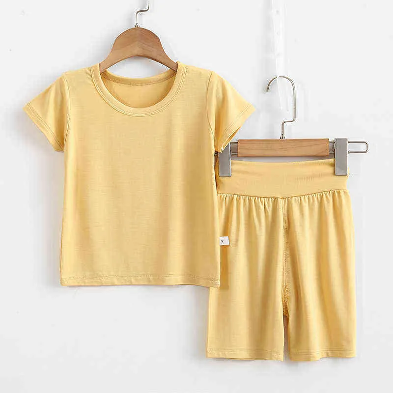 子供のモーダルストレッチ半袖ショーツセット男の子の女の子Tシャツショートパンツスーツベビーハイウエストホーム服ソリッドカラーY220310