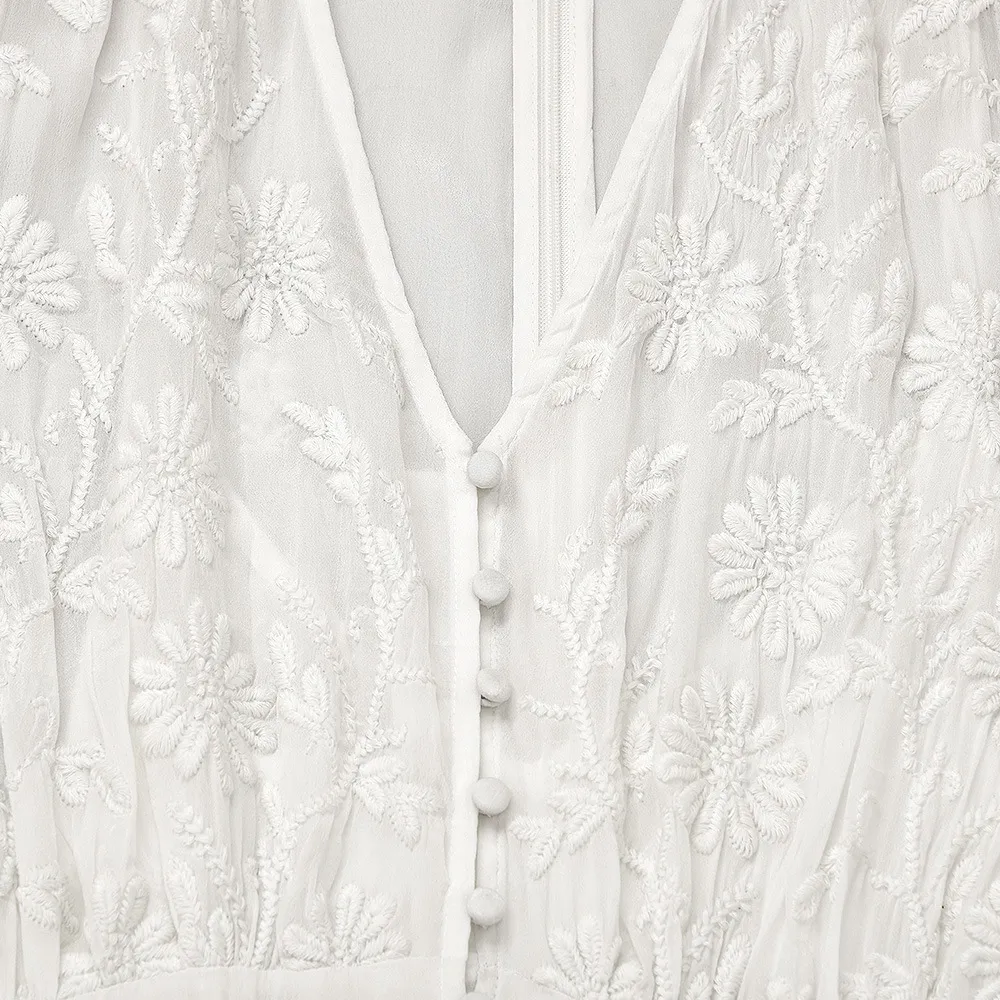 2021 Jesień Spadek Długie Rękawy V Neck White Dress Floral Print Haft Przyciski Single-Breasted Women Fashion Mid-Calf Dresses G127026