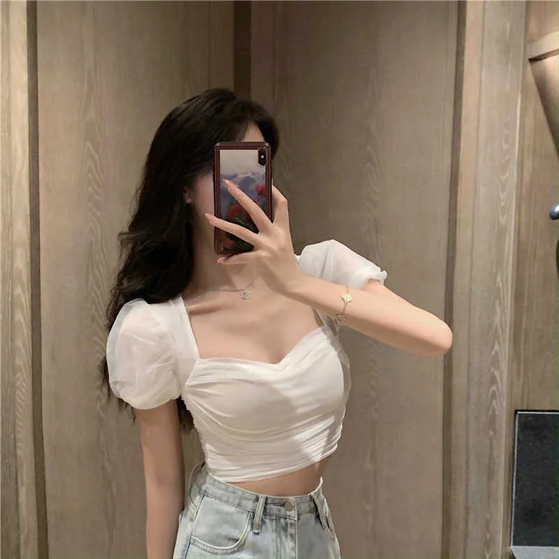 WOMENGAGA T Shirt Women's Fashion Short White Tight Mesh Puuf Sleeve Sexy Square Collar Top Summer Tees 7EDY 210603