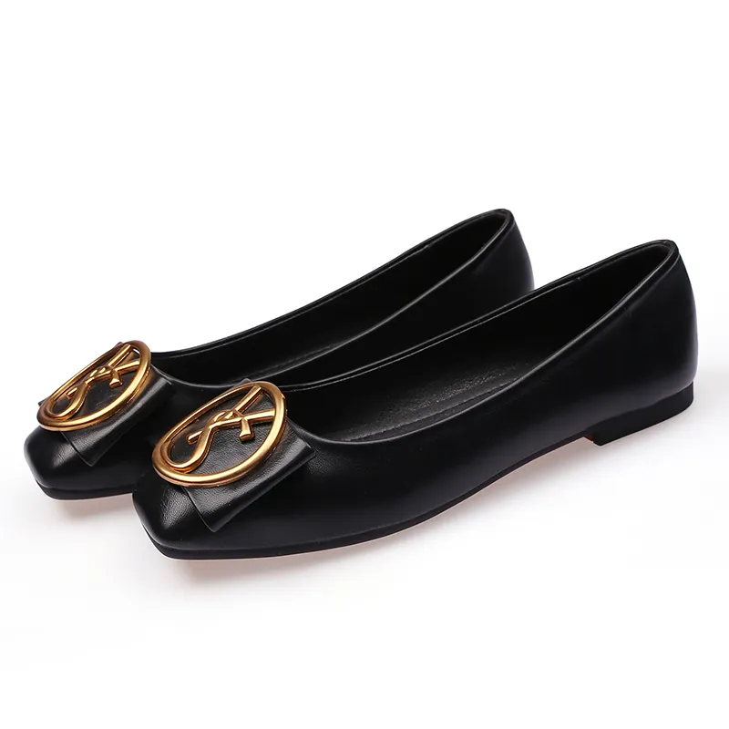 Classic Shallow Square Toe Flats Casual Shoes Women Metal letters Slip comfort Black For Lady flat shoes 823