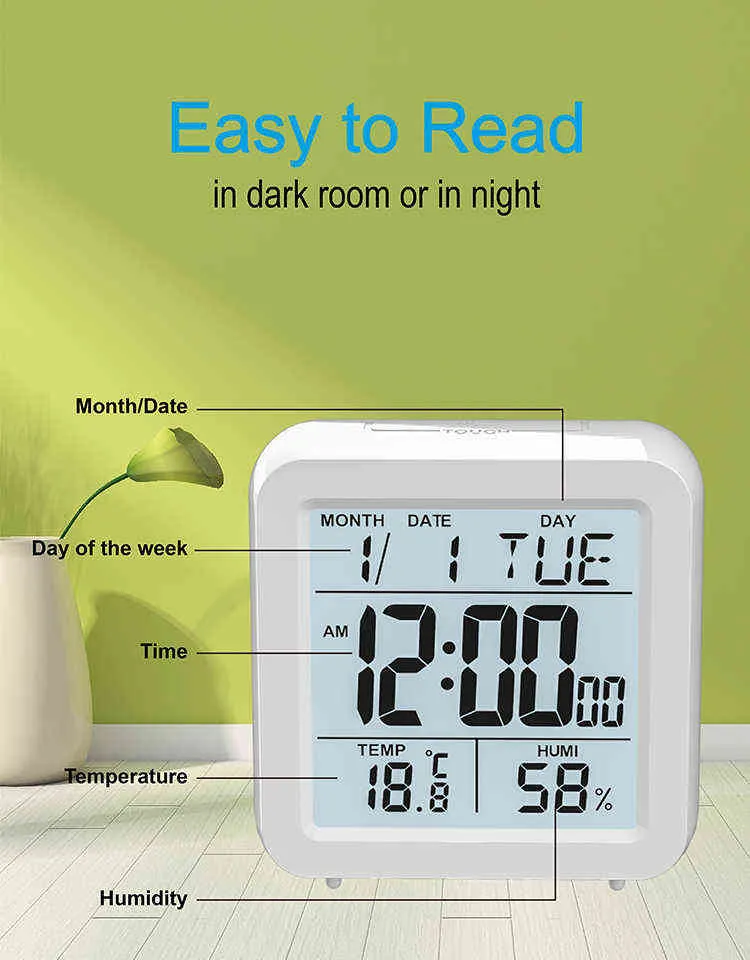 Digitaler Desktop-LCD-Schlummerkalender, Wecker, weiße Schlafzimmeruhr mit Thermometer und Hygrometer für Zuhause, batteriebetrieben 211111