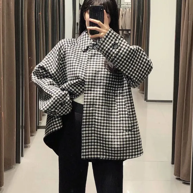 Women Autumn Vintage Loose Cloak Wool Blends Coats Plaid Long Sleeve Fashion Street Female Warm Elegant Outerwear Clothes 210513