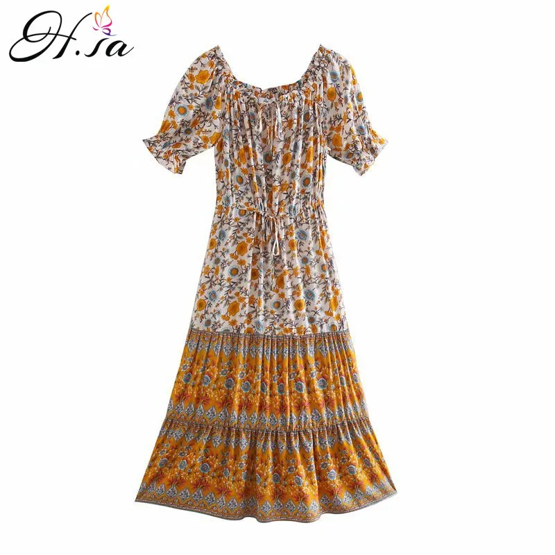 H.SA Retro Short Sleeve Floral Slash Neck Off Shouder Women Sexy Dress Patchwork Bohemian Long Vestidos 210417