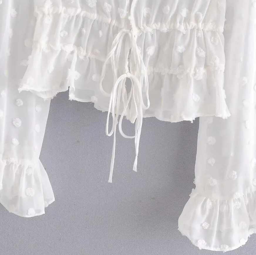 Vintage Tie Łuk Sznurowanie UP Dostosuj Bandaż 3D Dot Voile Cardigan Bluzka Białe Kobiety Flare Rękaw Wakacyjny Crop Koszula Topy 210429