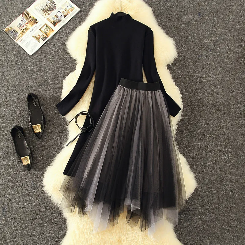 Women Vintage Black Long Knit Dress suit Turtleneck Knitting Gauze Slim Dress set women 2020 Autumn Winter Dress X0521