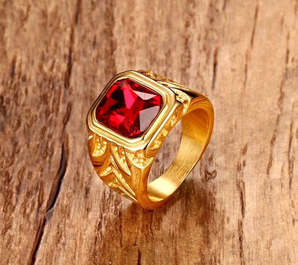 Square Red Gemstones Cyrkonia Diamenty Pierścienie Dla Mężczyzn 18K Złoty Kolor Titanium Ze Stali Nierdzewnej Luksusowa Biżuteria Bijoux Bague Akcesoria