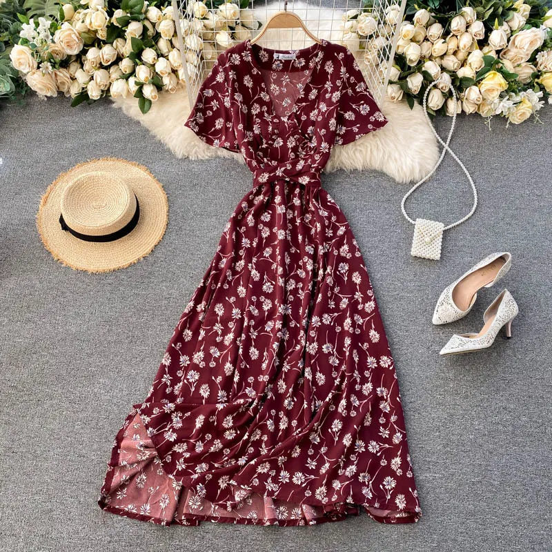 Singreiny Vrouwen Franse Floral Jurk Zomer V-hals Korte Mouw A-lijn Kantoor Jurk Boheemse Print Holiday Beach Long Dress 210419