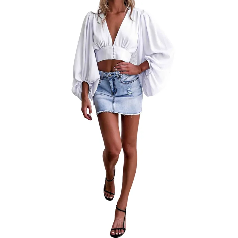 Nowe Sexy Women V Neck Solid Shirt Solid Puff Sleeve Crop Tops Biały Z Długim Rękaw Bluzyki Damskie Topy X0521