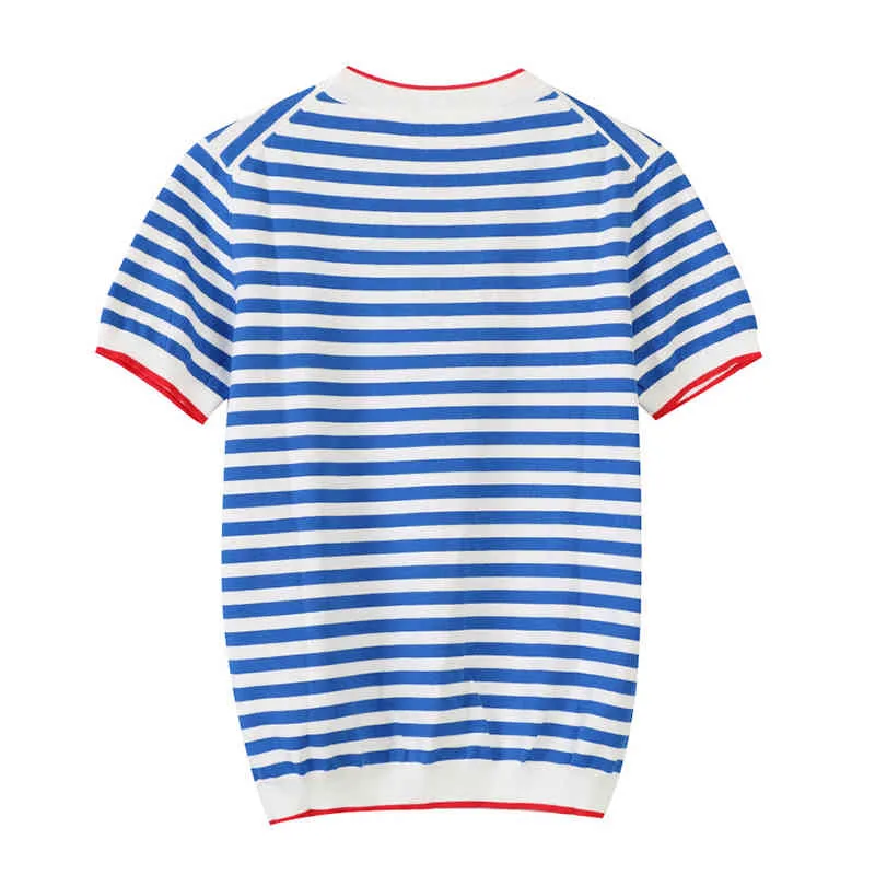 暖かい薄いニットTシャツの女性服2021夏の女性半袖ティートップス縞模様のカジュアルTシャツ女性B-019 Y0508