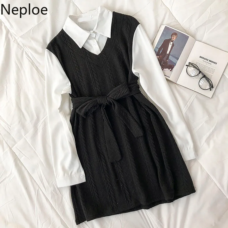 Neploe Patchwork Fake Two Woman Dress Colore a contrasto Vintage Moda coreana Abiti Lace Up Vita sottile Mini abiti Donna 4H369 210422