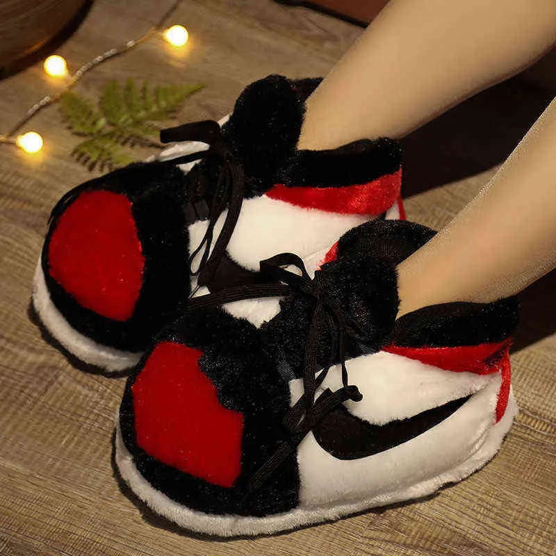 Red Lace-UP Women Slippers High Quality Cartoon Warm Waterproof Bottom Cotton Shoes Cute Non-Slip Winter Couples House Slides H1122