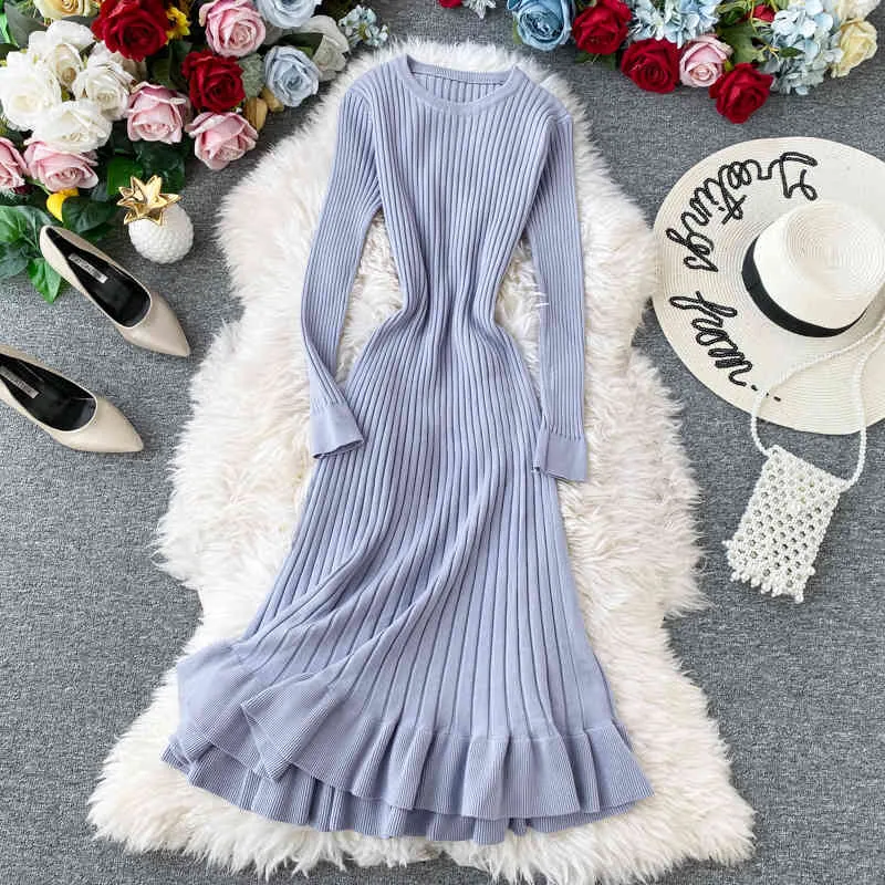 Kobieta Zima Gruba Ciepła Sweter Sukienka Wzburzyć Elegancka Midi Bodycon Dress O-Neck Z Długim Rękawem Slim Dzianiny Casual Suknie Dla Kobiet X0521