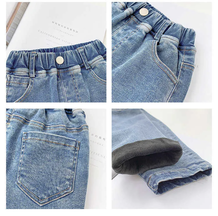 Vinterpojkar och tjejer mjuka elastiska fleece foder varma jeans barn mode all-match denim pants 210708