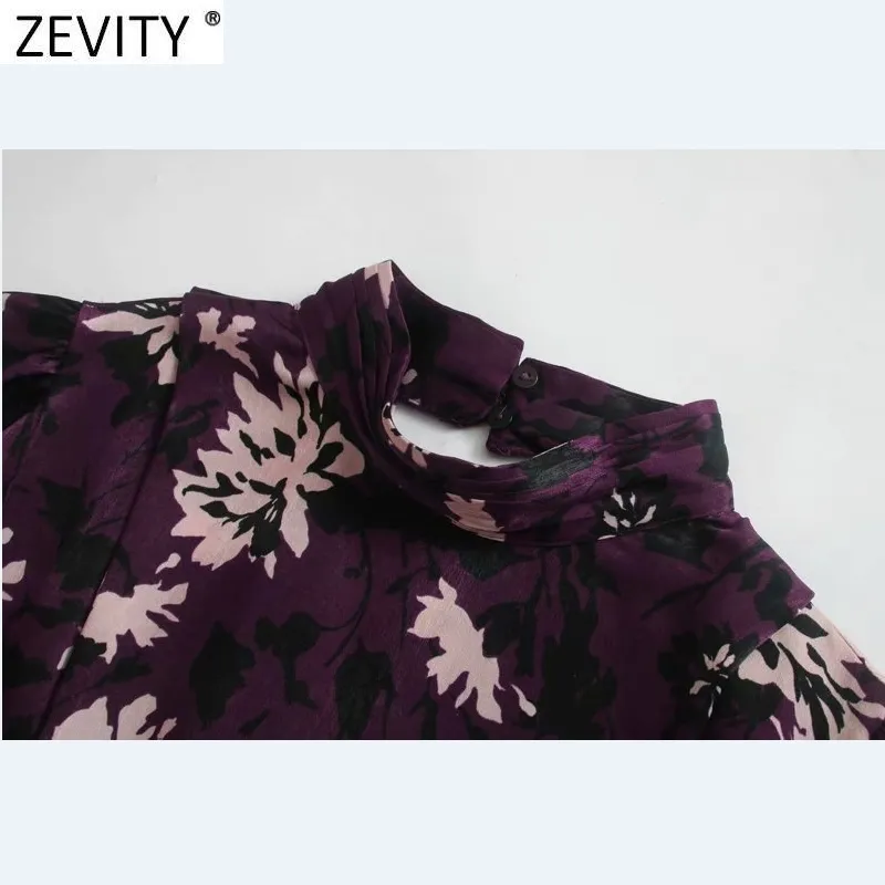 Kobiety Vintage Stojak Kołnierz Kwiat Print Bow Sashes Midi Dress Sukienka Kobieta Puff Sleeve Casual Slim Line Vestido DS4827 210420