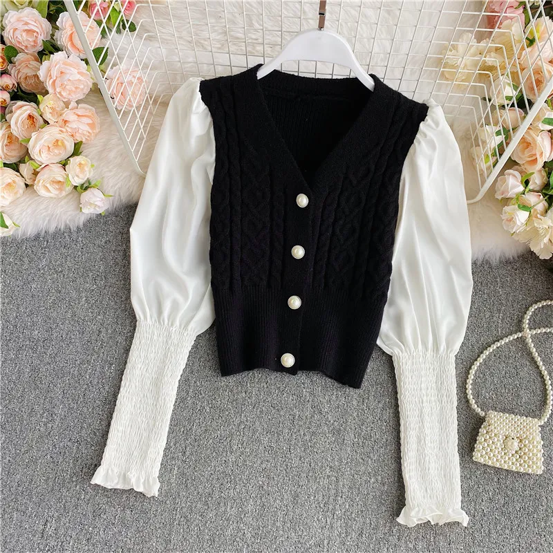 Korobov Nowy V Neck Latern Sleeve Kobiety Swetry Vintage Patchwork Krótkie Cardigans Wysoka talia Pojedynczy Kierownik Knit Top 210430