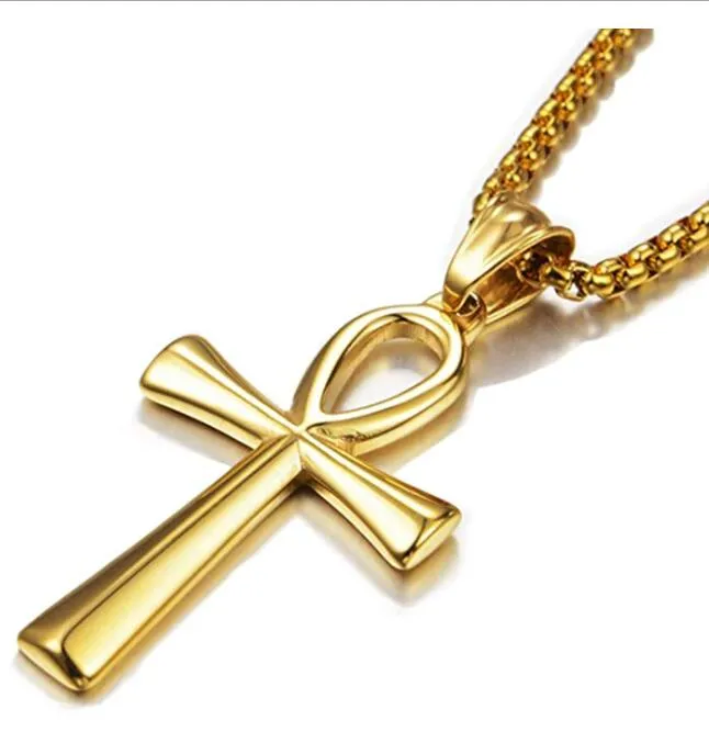 SM 25 43mm Mulheres colar de cruz de homens 316L Aço inoxidável Jesus ankh pendente rolo jóias de jóias douradas preto 3mm 24172s