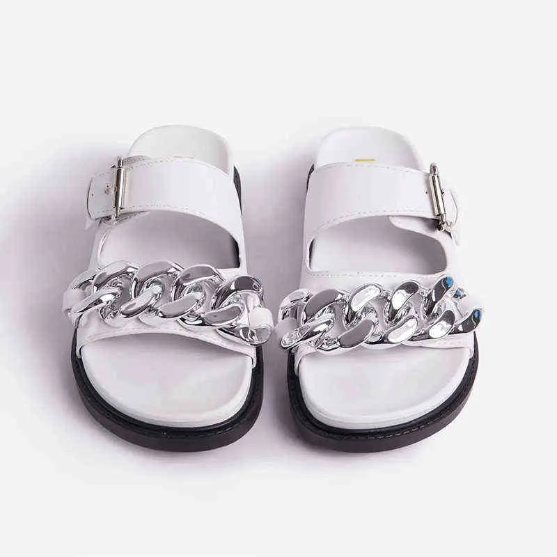 Chinelos de Metal Chain de Metal Mulheres Plataforma de Praia Slides Verão Senhoras Sandálias Plana Khaki Branco Preto Sapatos Verdes Zapatos de Mujer 220304