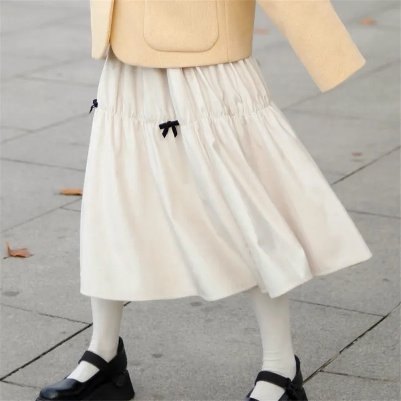 Kawaii Blanc Midi Velours Jupe Femmes Élégant Arc Taille Haute Plissée Étudiantes Vintage Hiver Chaud Lolita Long 210421