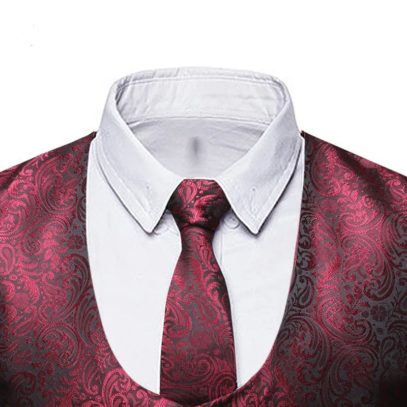 Men's Black Paisley Floral Jacquard Waistcoat Vest Handkerchief Tie Suit Pocket Square Set XXL