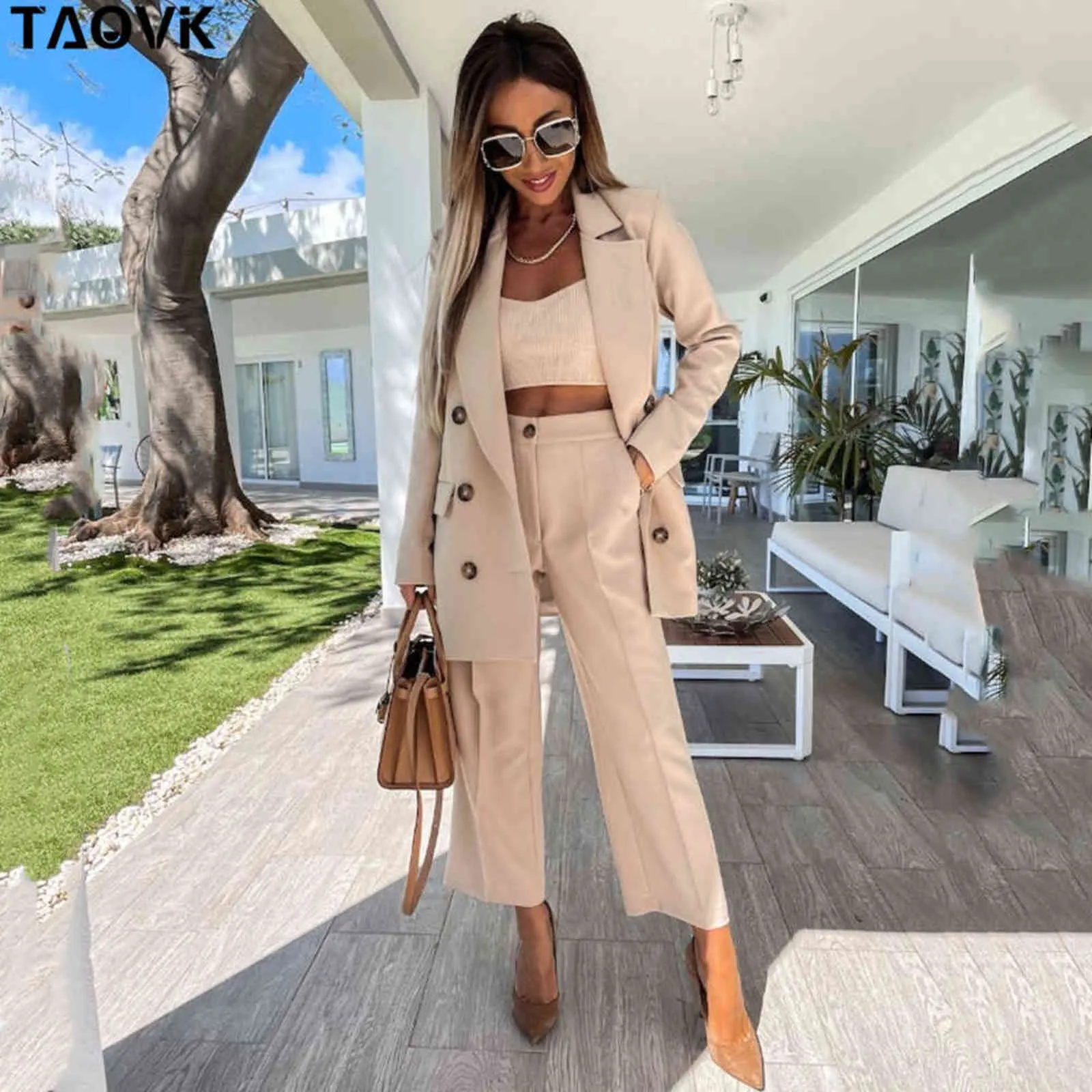 TAOVK Femmes Bureau Pantalon Costume Double boutonnage À Manches Longues Blazers Veste + Jambe Large Deux Pièces Ensemble Lady Tenues Vêtements De Travail 211105