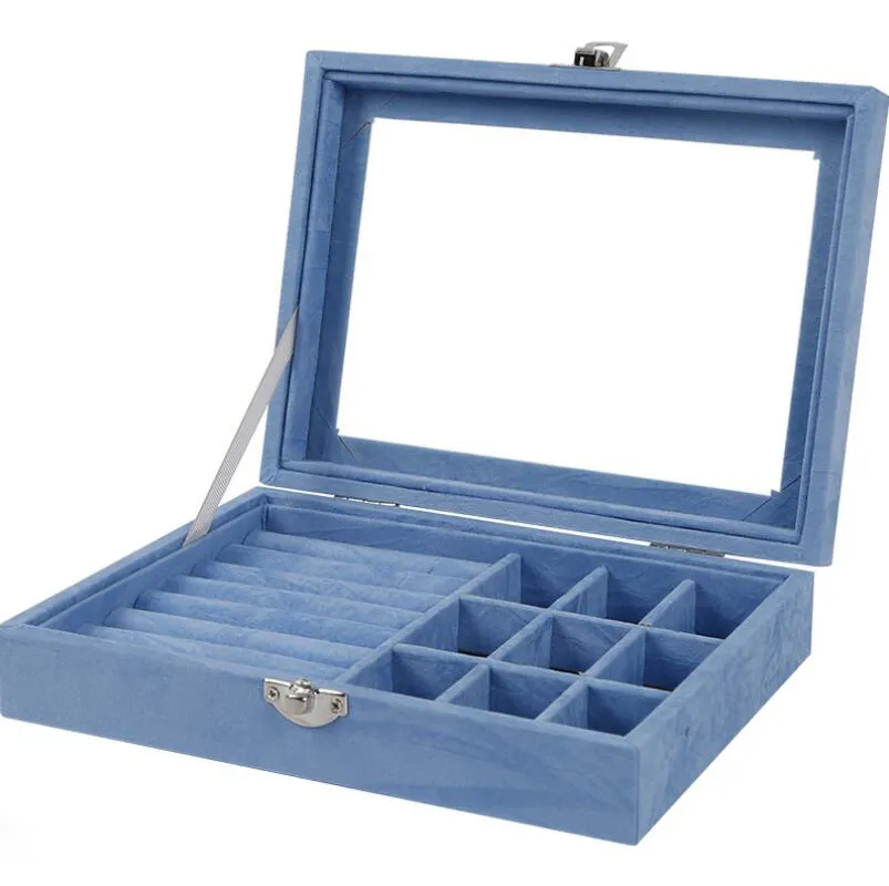 Style européen velours verre anneau boucle d'oreille bijoux organisateur boîte porte-plateau mallette de rangement vitrine décor à la maison 20 15 5cm2964