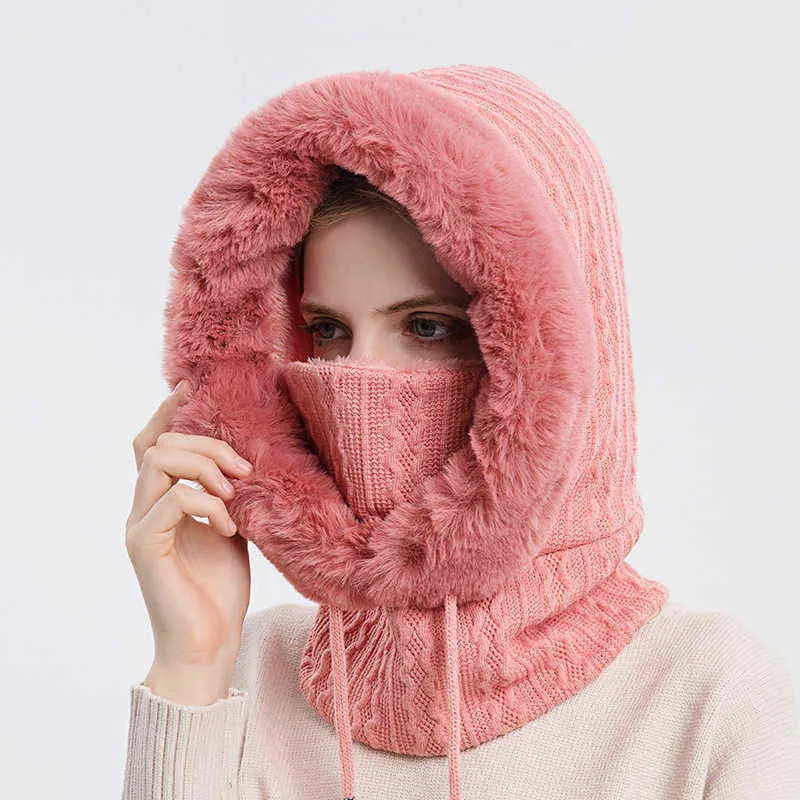 Cappelli invernali donna Outdoor Warm Cashmere Maschera lavorata a maglia Sciarpa 3-in-1 Berretti in peluche Elastico addensato 211119