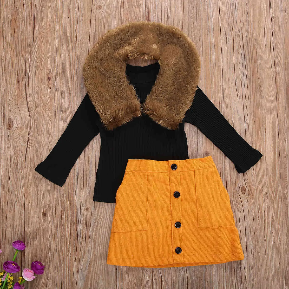 2-7Y Toddler Kid Gilrs Clothes Set Long Sleve Knitted Sweater Skirts Fur Collar Autumn Winter Outfits Children Costumes 210515