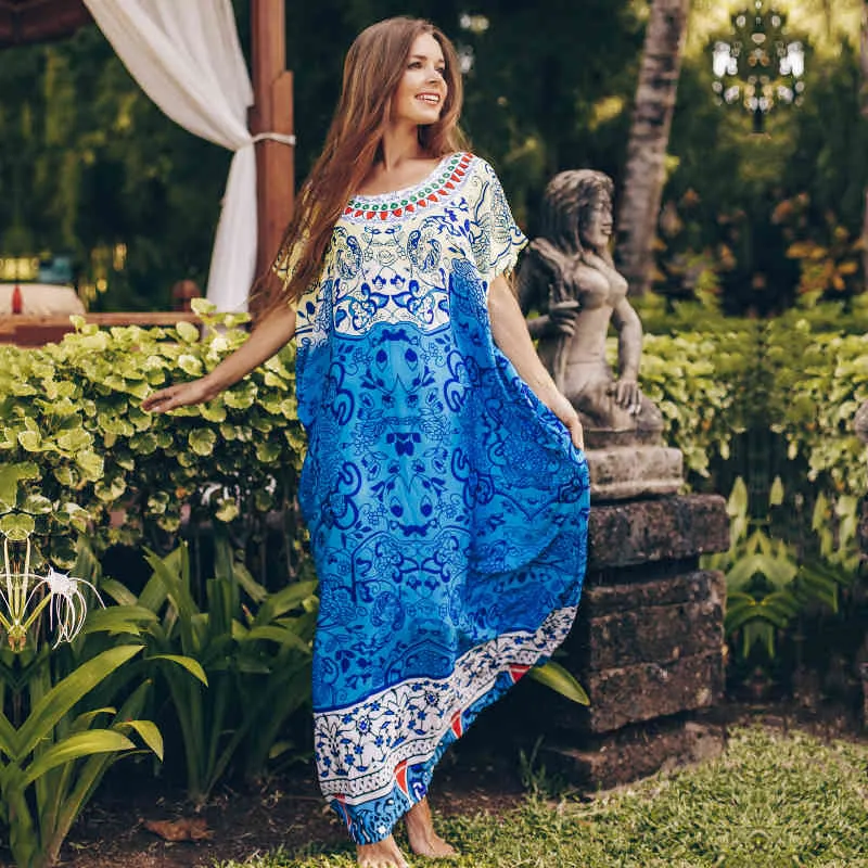 Blue Bohemian Imprimé Long Summer Beach Robes Coton Tunique Femme Porter Maillot de bain Cover Up Robe de plage Sarong Q784 210420