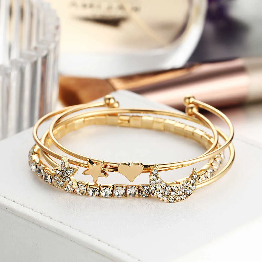 Europe and America Fashionable Star Moon Opening Bracelet Set of Four Hand Rings Bangles for Women Presents Jewellry Sets Gift Q0719