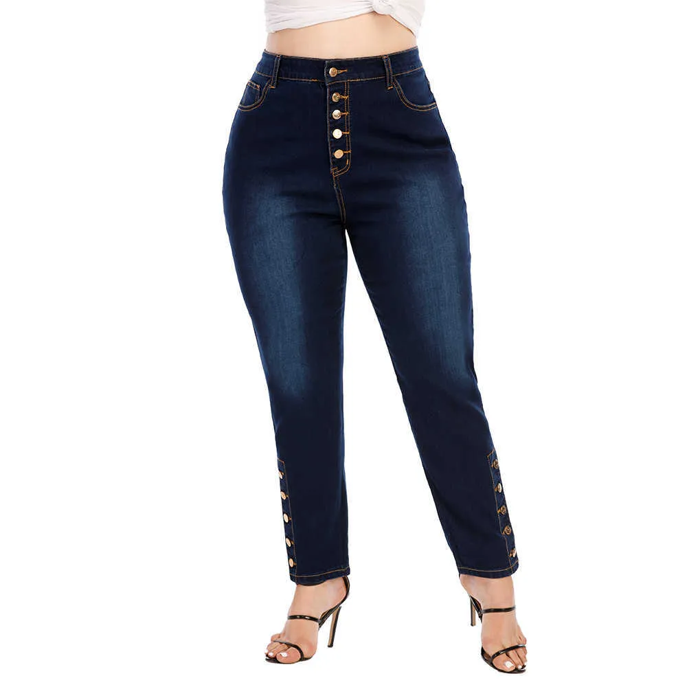 5xl plus storlek jeans kvinna hög midja byxor fickknapp mamma femme skinny elastisk byxa denim penna stretch 210708