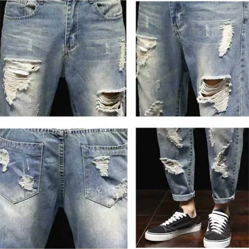 Moda Erkek Baggy Yırtık Delik Kot 2020 Sokak Tarzı Mavi Denim Pantolon Gevşek Yıkanmış Kot Orta Bel Vaqueros Rotos De Hombre X0621