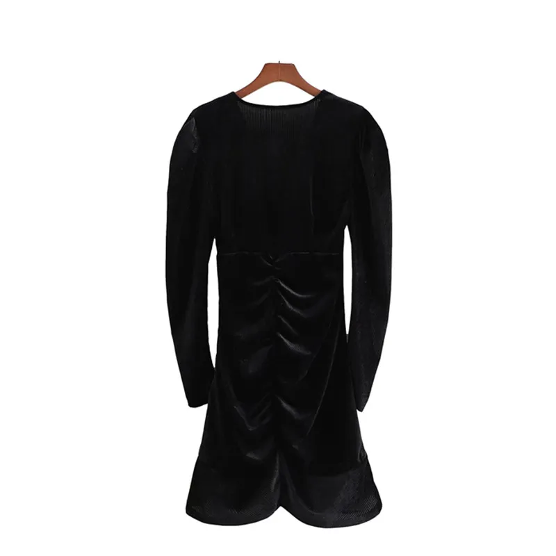 Mini abito da donna elegante in velluto nero con volant, primavera, moda, donna, scollo a V, abiti da festa, femminile, sexy, drappeggiato 210515