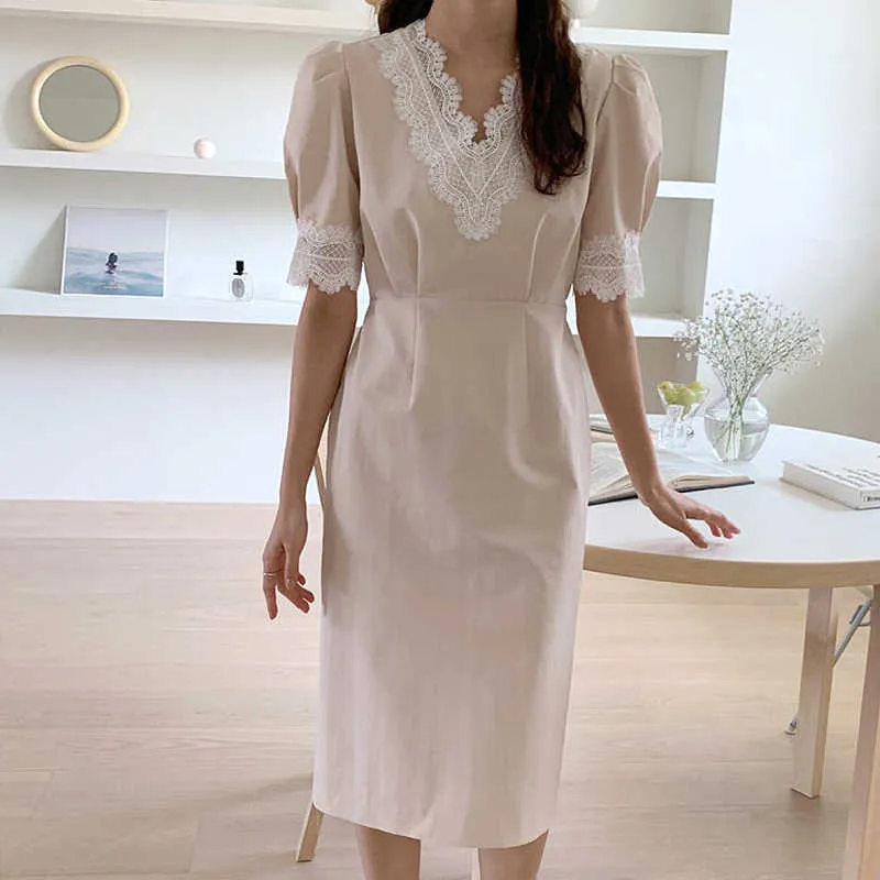 Korejpaa Frauen Kleid Koreanische Chic Einfache Elegante V-ausschnitt Spitze Hit-and-match Krawatte mit Taille-hohe Blase hülse Vestido 210526