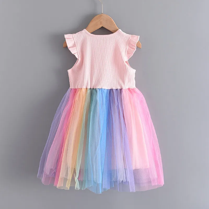 Девушки модные платья летняя вечеринка радуга красочные костюмы дети сладкие наряды детские Vestidos детская одежда 210429