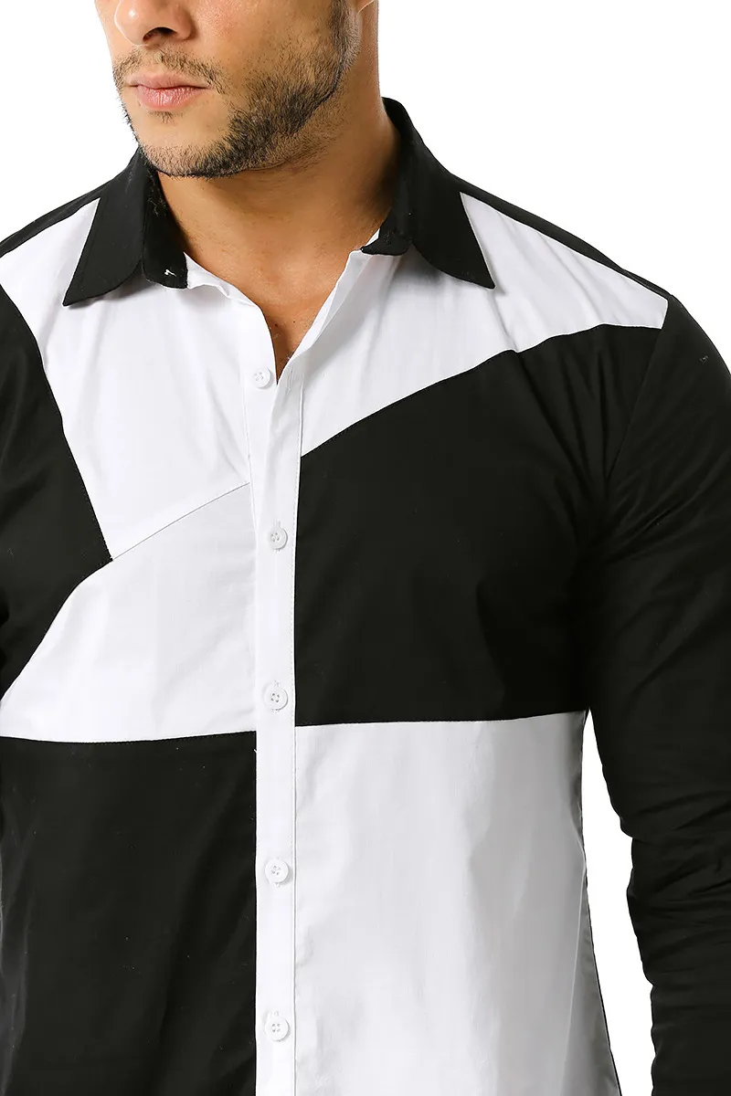 Черная белая контрастная рубашка мужская мода дизайн мужские удары цветные рубашки с длинным рукавом Slim Fit Patchwrok Chemise Homme 2XL 210522