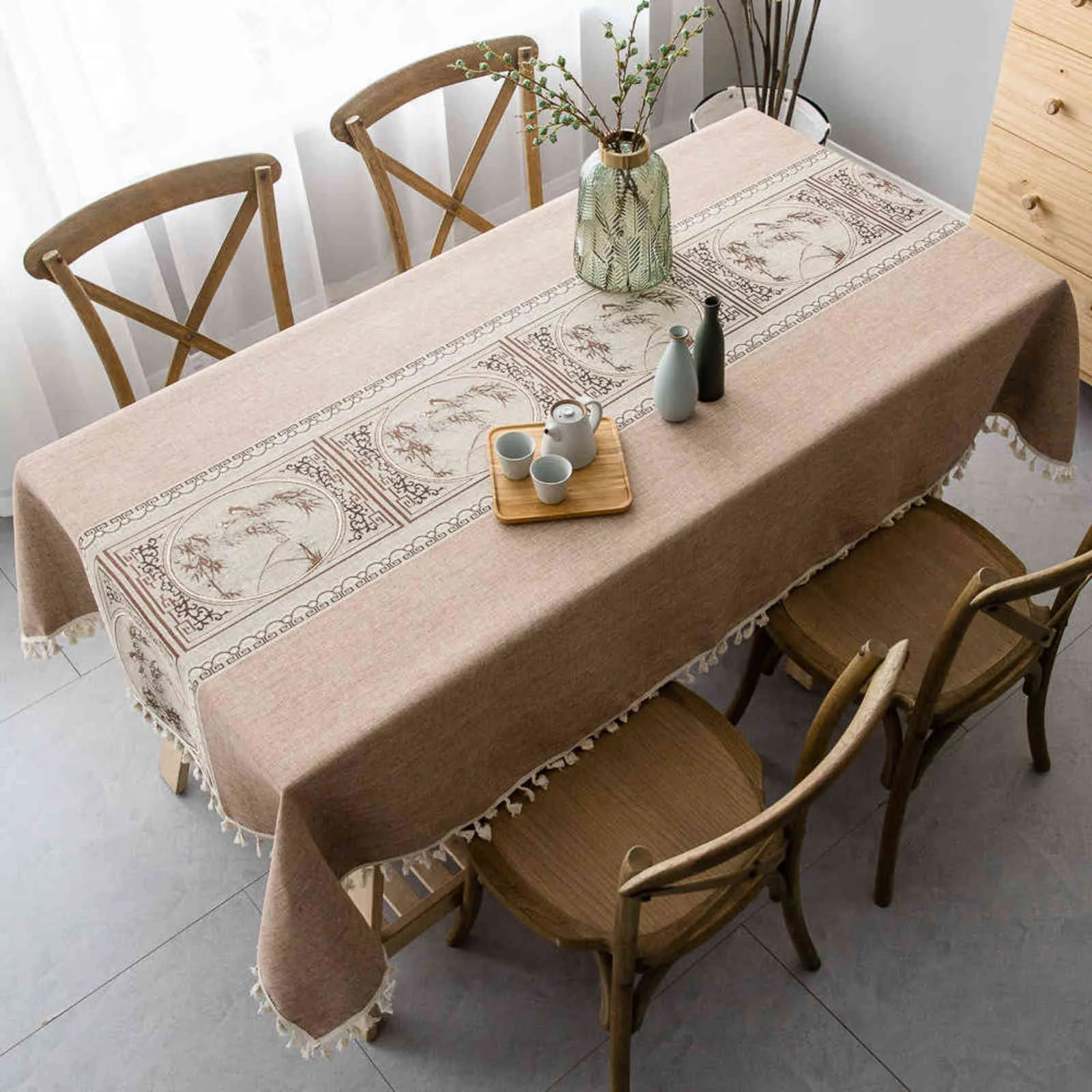 ヨーロッパテーブルクロス生地長方形の綿とコーヒータッセルリネン防塵布ホームキッチン装飾211103