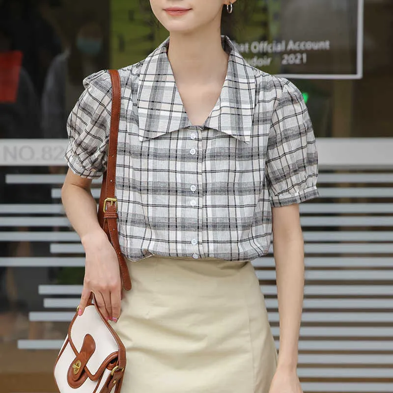 Plaid shirt vrouwen zomer koreaanse stijl bubble korte mouw blouse zachte stijlvol werkkleding gecontroleerd tops meisje plus size 210601