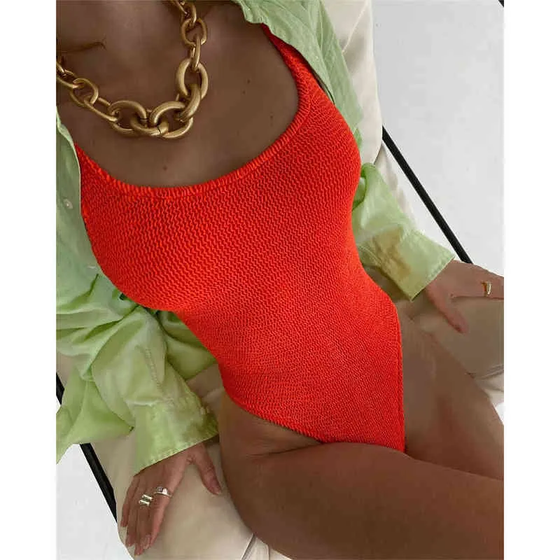 2021 Sexy Women One Piece Swimsuit Solid Swimwear Female Backless Thong Brazilian Halter Monokini Bathing Suit Bather Beach Wear G220308